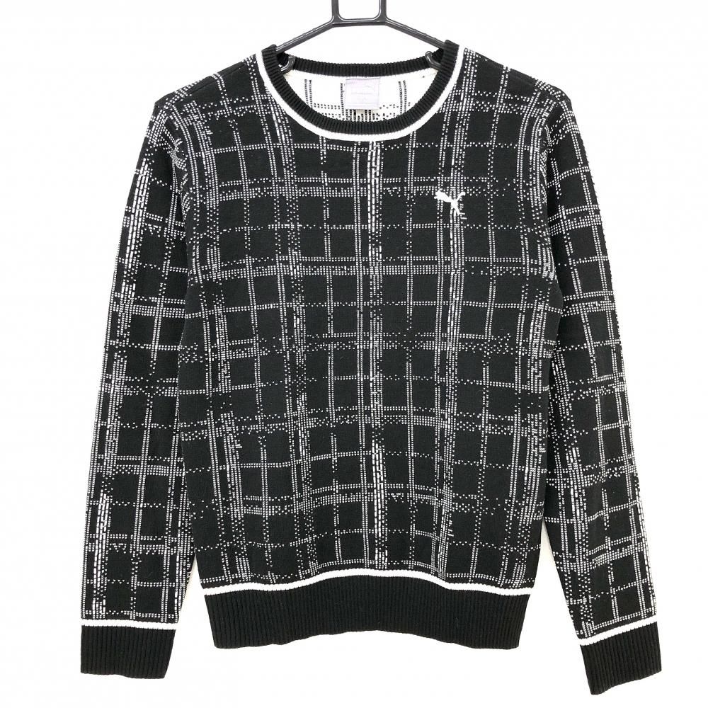 【超美品】プーマ セーター 黒×白 格子チェック ウール混 ニット  レディース M ゴルフウェア PUMA