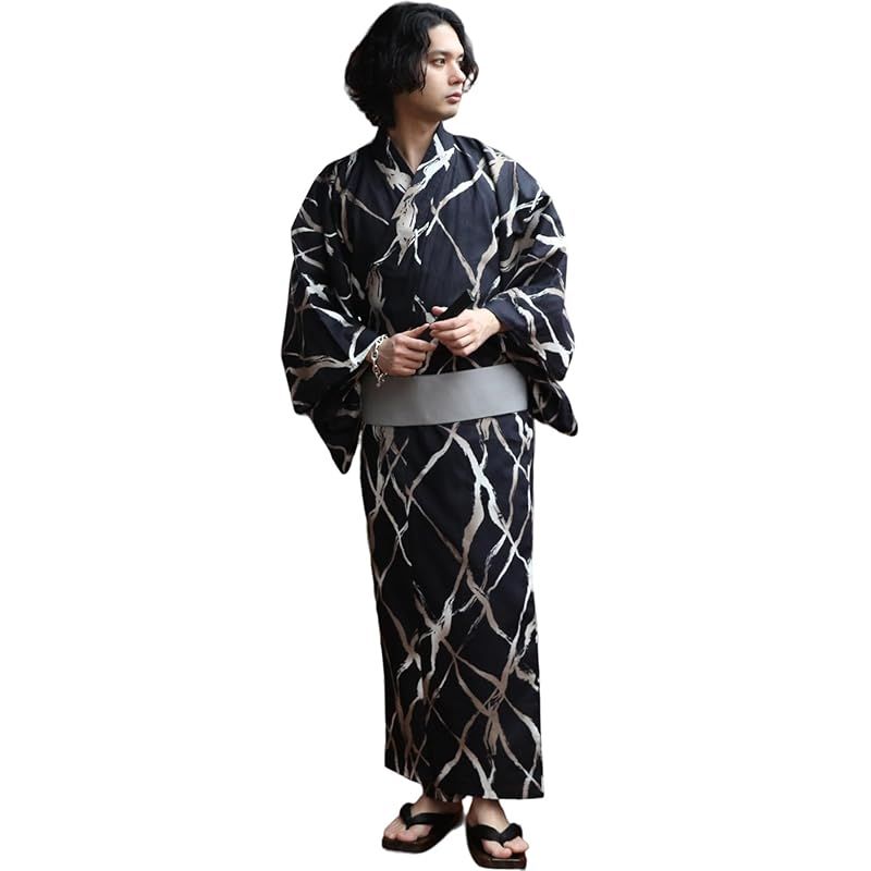 8 eight エイト 和柄 総柄 浴衣 3点セット メンズ 浴衣 帯 下駄 コットン 刷毛目格子ネイビーM