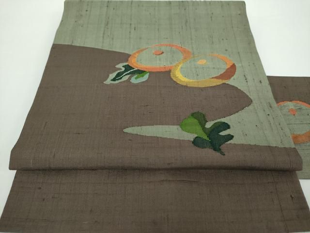 平和屋着物●西陣　宮階織物　宮繍苑　里葉　九寸名古屋帯　紬地　草花文　正絹　逸品　DAAX4623ps 平和屋着物○西陣 宮階織物 宮繍苑 里葉 九寸名古屋帯 紬地 草花文