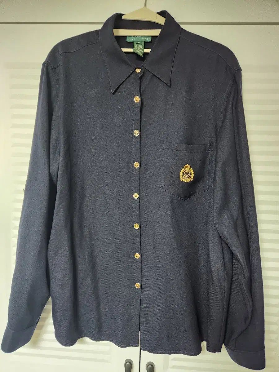 ラルフローレン シルクネイビー シャツ ゴールド ロゴ