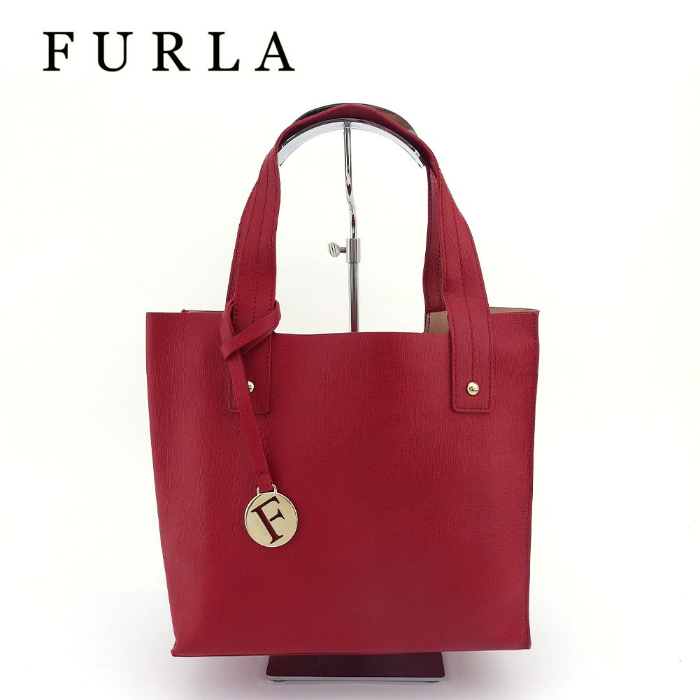 【美品】FURLA トートバッグ チャーム付き フルラ Furla トートバッグ Fチャーム サリー レッド レディース