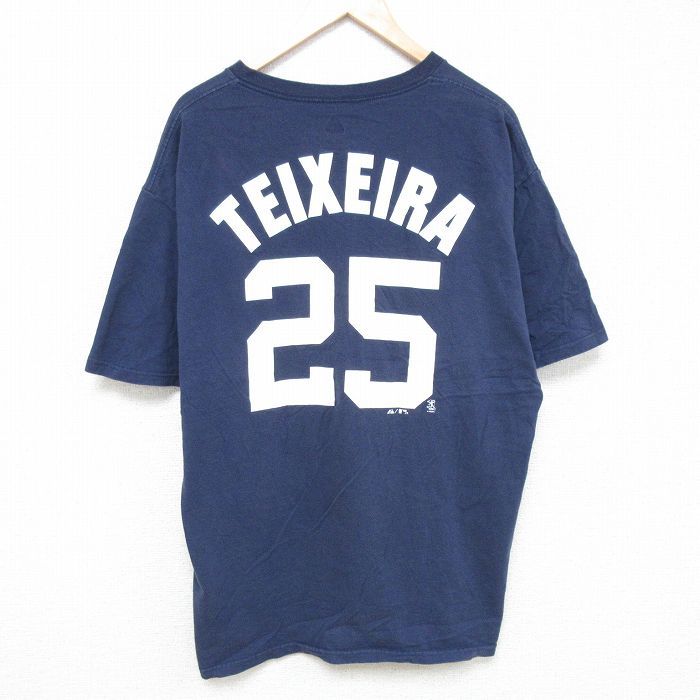 XL/古着 マジェスティック 半袖 Tシャツ メンズ MLB ニューヨークヤンキース マークテシェイラ 大きいサイズ コットン クルーネック 紺 ネ