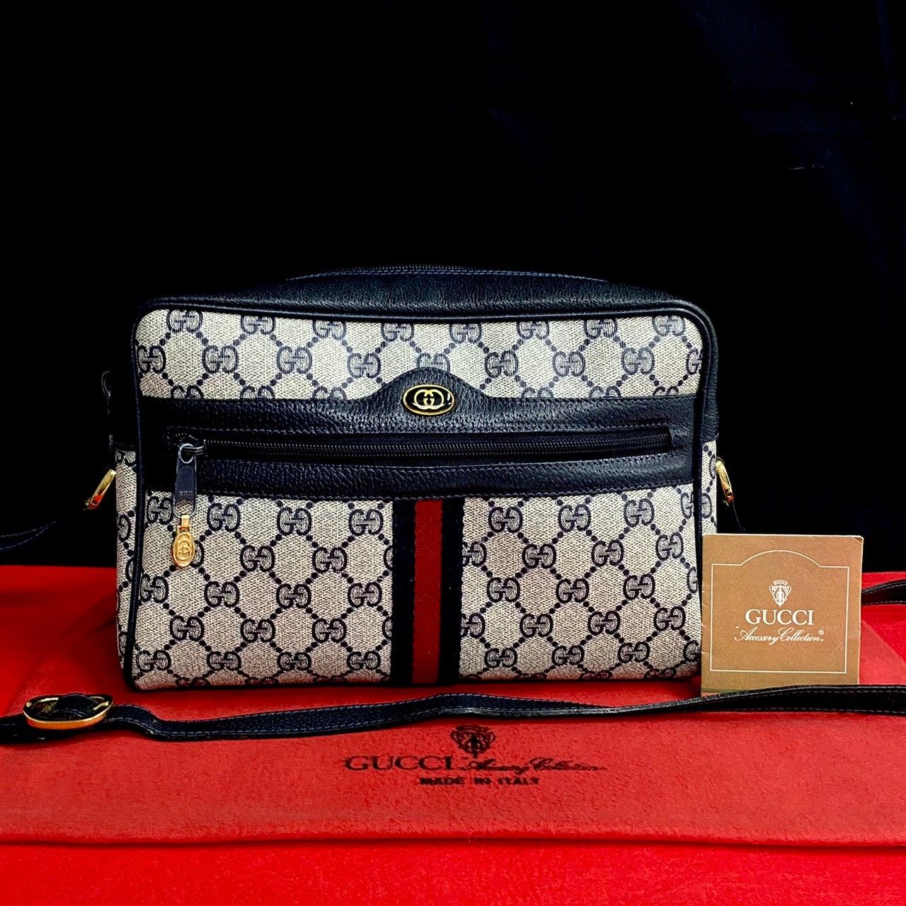 極 美品 GUCCI グッチ オールドグッチ ヴィンテージ シェリーライン GG ロゴ 金具 レザー ショルダーバッグ ポシェット ネイビー 296-2