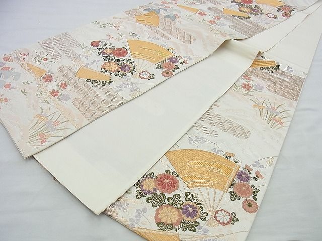 平和屋着物◎六通柄袋帯 唐織 エ霞扇面花文 金銀糸 逸品