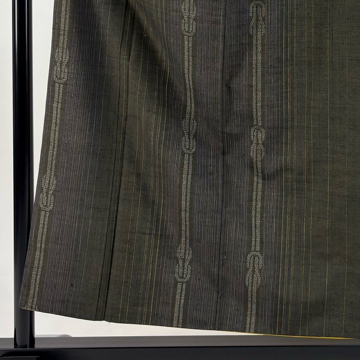 結城紬 身丈155.5cm 裄丈64.5cm M 袷 はたおり娘 証紙 縦縞 幾何学 茶緑色 正絹