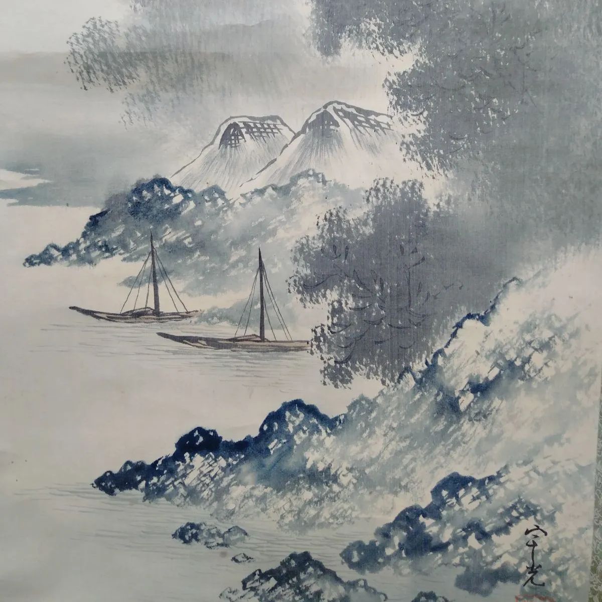 年代物 真作】宇光先生 作品『水墨山水図』絹本 肉筆 箱付