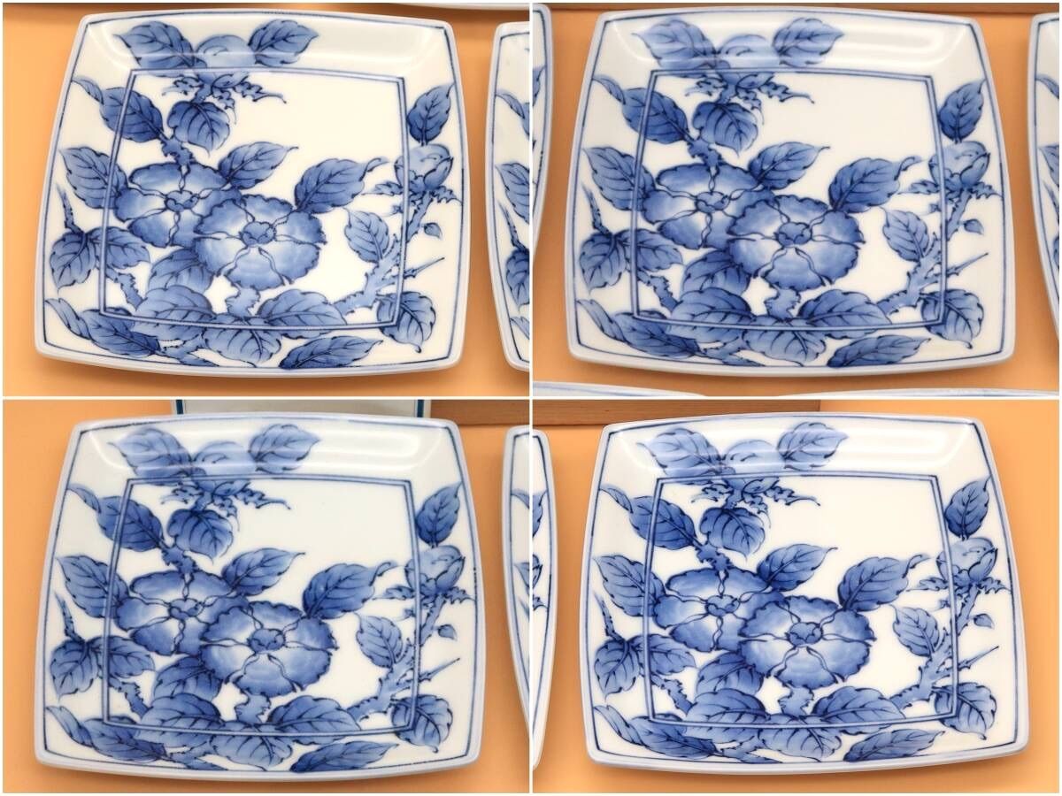 骨董・牡丹花図染め付け角皿×五客揃い 明治前期色絵扇面に桐図四足角皿五客組 1ヶ部分甘手,4ヶ高台ホツ
