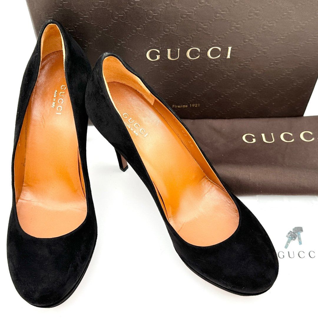 GUCCI ハイヒール スエード ラウンドトゥ ピンヒール ブラック 1954T