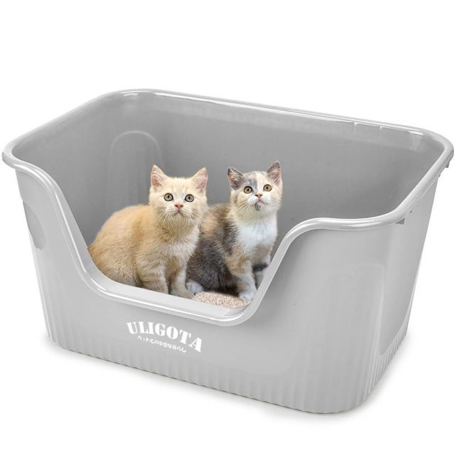ULIGOTA 超大型猫用トイレ オープンタイプ 大きい猫 多猫 本体 簡単掃除 清潔 飛散防止 一体成形 幅64×奥45×高33cm 入り口までの高さ 14.4cm ライトグレー