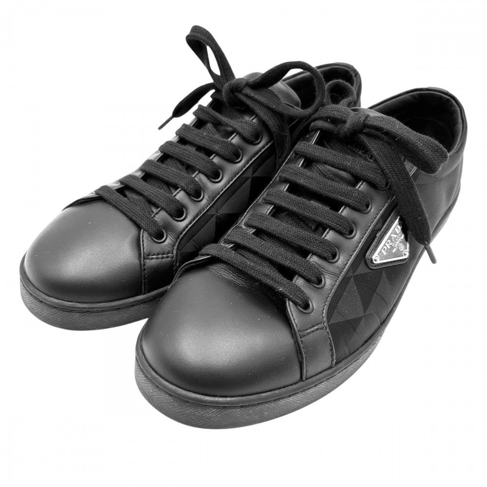 プラダ スニーカー メンズ トライアングルロゴ ローカット 靴 約25cm 6サイズ PRADA 2EE376 ナイロン  レザー   ブラック 黒【中古品】
