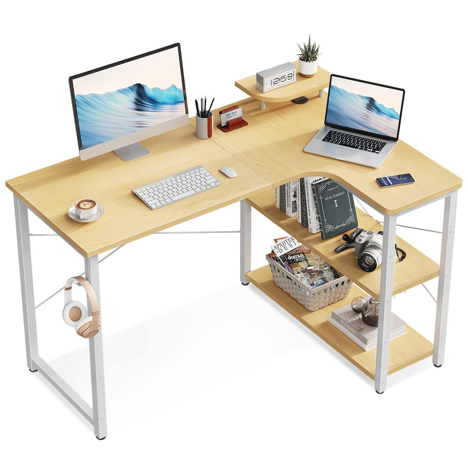 ODK ゲーミングデスク L字 パソコンデスク 幅110 デスク desk 机 pcデスク 棚付き オフィス ワーク 在宅勤務 子 勉強机 組立簡単 ナチュラル 右棚