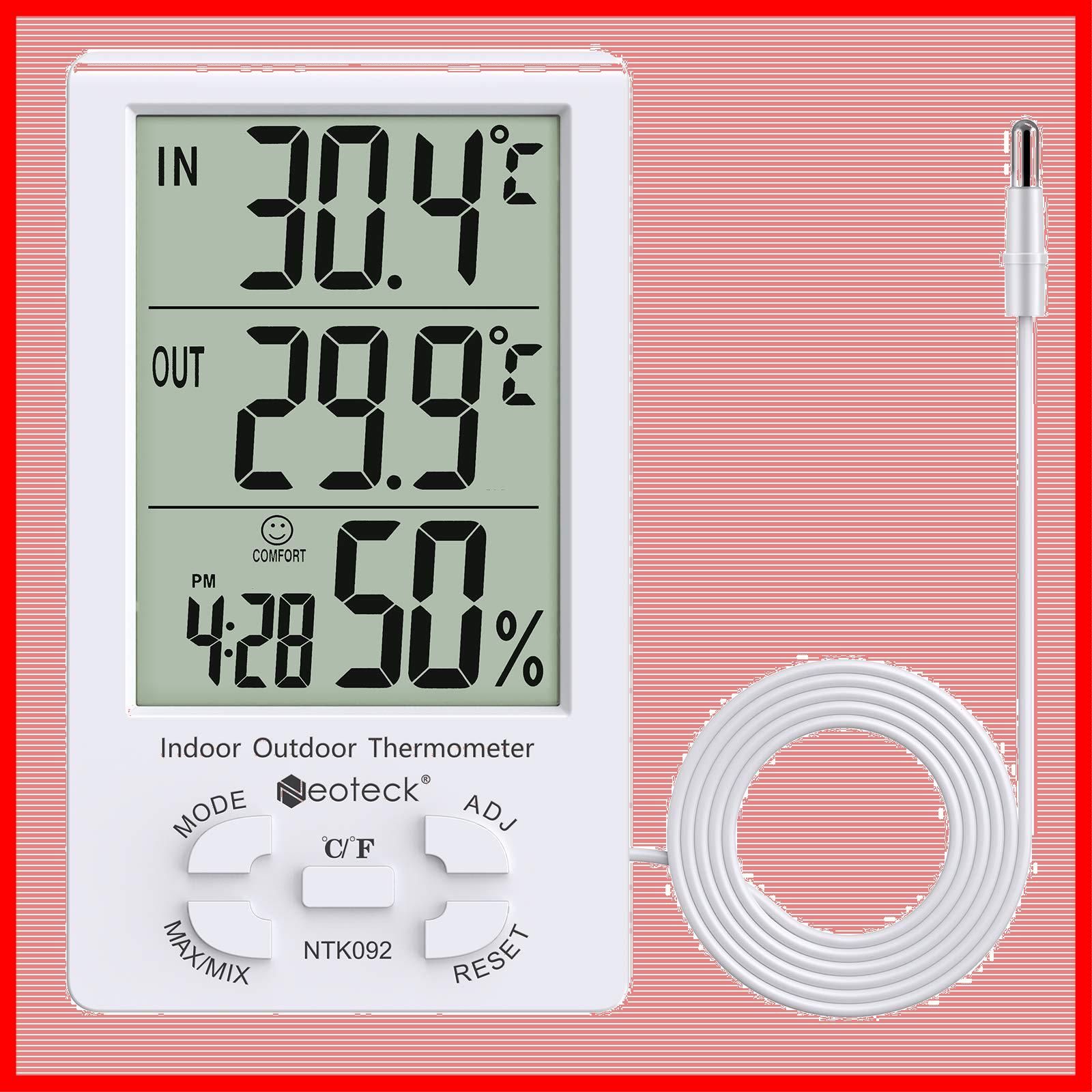 商品 Neoteck 温湿度計 精度± 1℃ センサー LCDデジタル 室内外温度 室内湿度 置き掛け両用 温湿度測定 家庭用 熱中症予防 白 3ｍコード