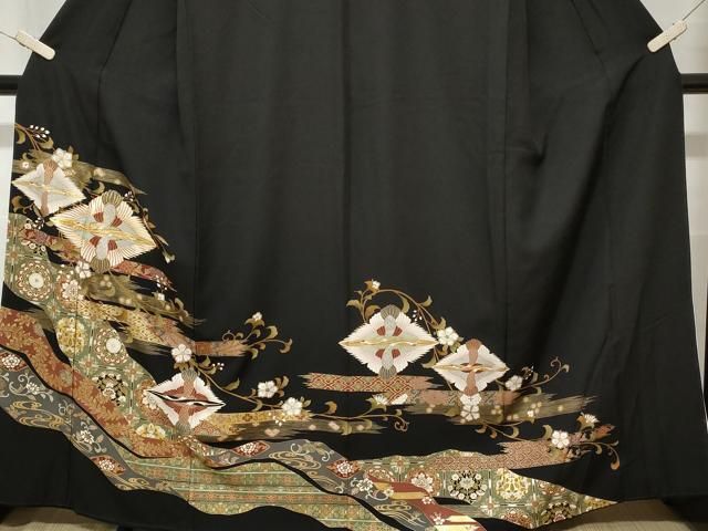 平和屋着物□豪華黒留袖 作家物 刺繍 扇面草花文 金銀彩 やまと