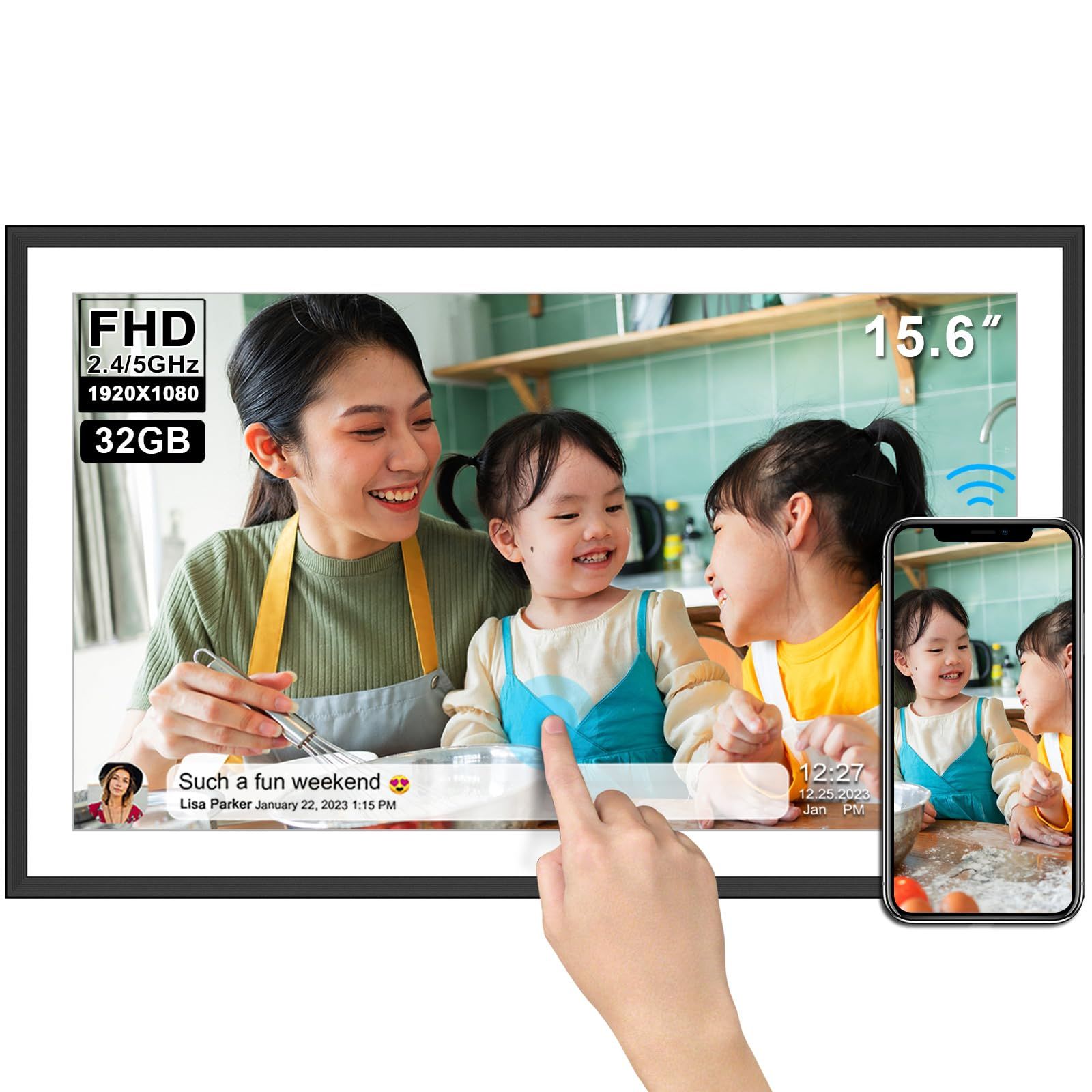 32GBデジタルフォトフレーム 15.6インチ WiFiデジタルフォトフレーム 無料SSAアプリで写真やビデオを簡単に共有 1920x1080 FHD IPSタッチスクリーン 自動回転