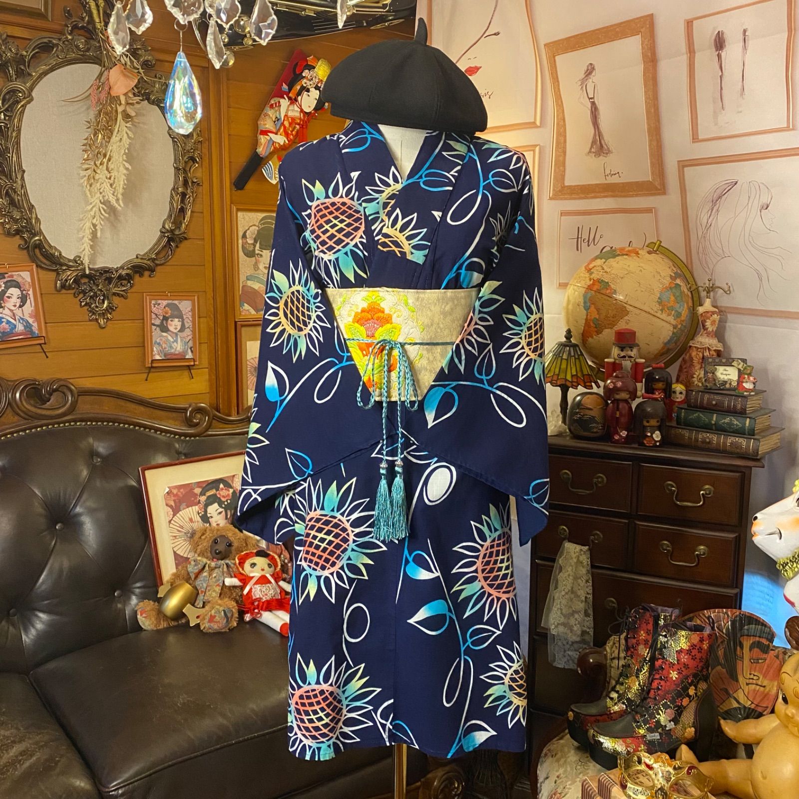 浴衣リメイク 藍染 ミニミディ ワンピース ドレス 名古屋帯サッシュ