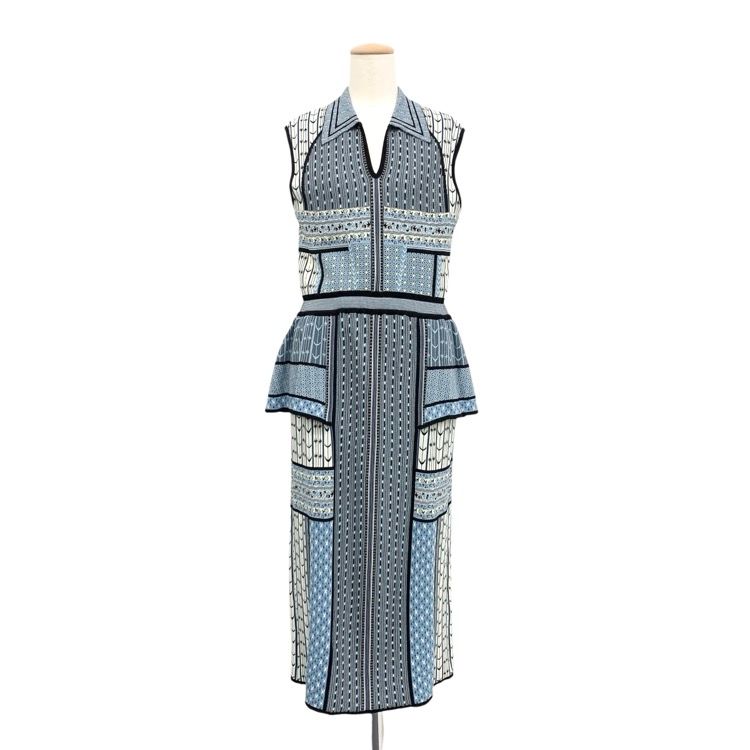 ♥ 2025SS Mame Kurogouchi マメクロゴウチ Geometric Pattern Knitted Dress 幾何学モチーフニット ワンピース ブルー 2 MM25SS-KN085