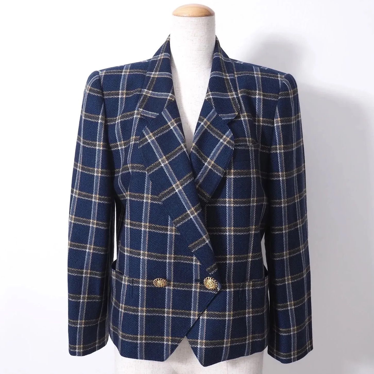 レリアン LeiLian カシミヤ 金ボタン ジャケット 9 ネイビー チェック レディース 4-SF093