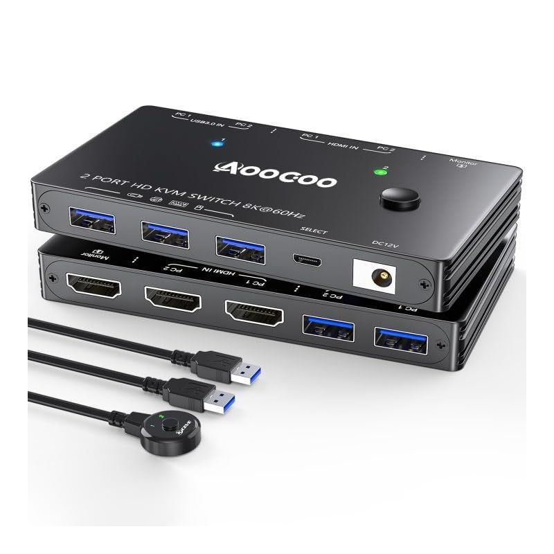 在庫限り 8K 60Hz HDMI2.1 KVMスイッチ 2台のPCでキーボード マウス プリンターを共有 1台のモニターに対応 4K 120Hz USBケーブル2本 電源アダプター コントローラー付き