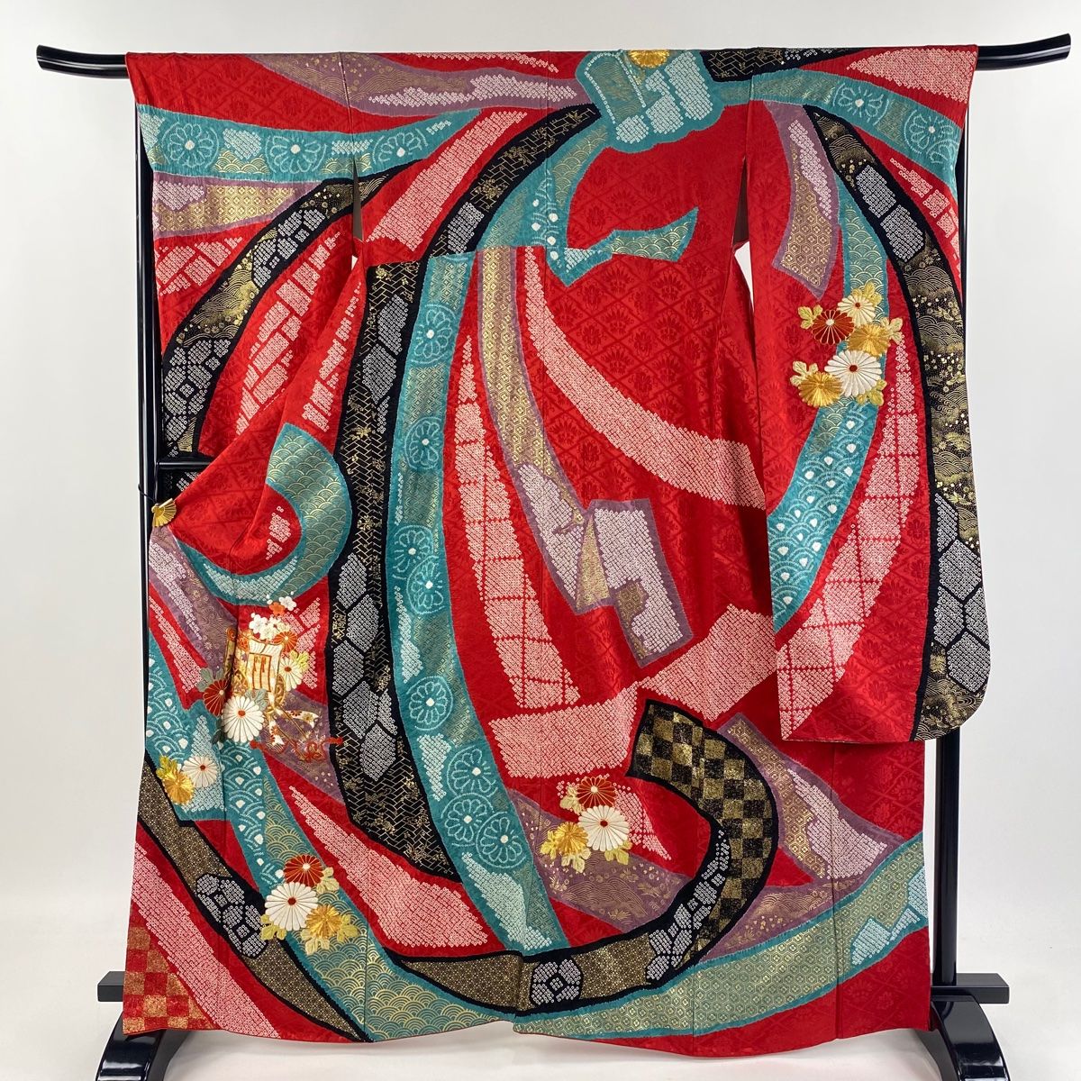 ち★美品★ 振袖&長襦袢セット　正絹　織柄無地　花紋刺繍　身丈162センチ kimonohiroba-you_y0101013396-