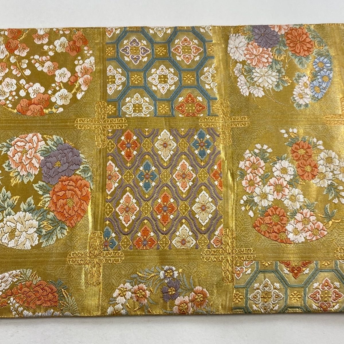 312y32◆花丸文 袋帯 六通 金糸 梅 鉄仙花 菊◆美品 成人式 結婚式 袋帯 美品 秀品 扇面 花丸文 金糸 箔 青緑 六通 正絹 【中古