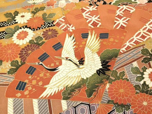 平和屋着物□豪華黒留袖 駒刺繍 扇面飛鶴花文 金彩 正絹 逸品