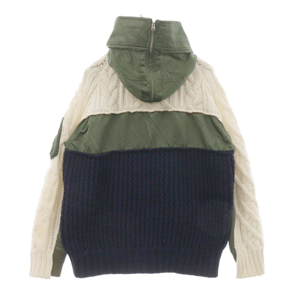 Sacai (サカイ) 19AW CABLE KNIT MA-1 JACKET ニットセーター ドッキング フーデッド ナイロン フライトジャケット  カーキ/ネイビー 19-02117M - メルカリ