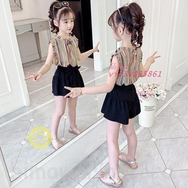 子供服 セットアップ キッズ 女の子 夏服 トップス 半ズボン ストライプ カジュアル 新品 おしゃれ Tシャツ 短パン ジュニア 可愛い ハーフパンツ 韓国子ども服  vii3v835861