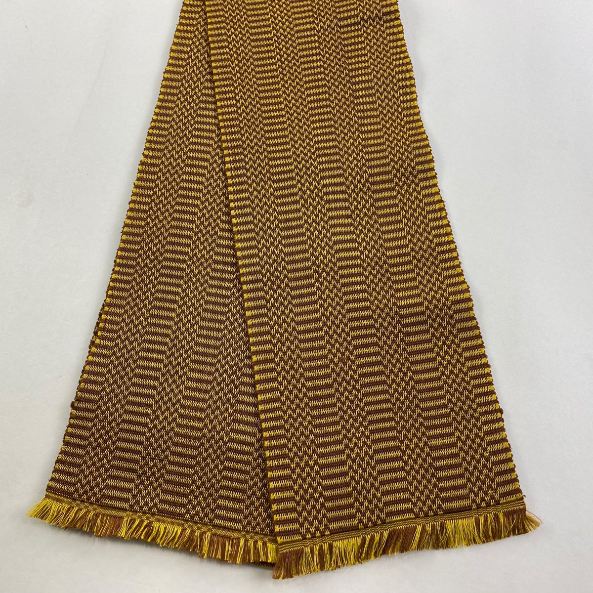 半幅帯 縞 幾何学模様 山吹茶色 正絹