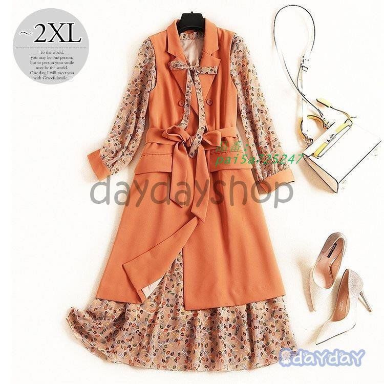 セットアップ ジャケット ワンピース 襟付き 総柄 シフォンワンピ 女子会 長袖 フロントボタンガー定番 ウエストリボン ボウタイリボン pai5a725247