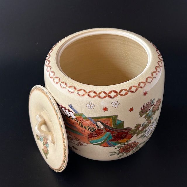 茶道具　色絵　薩摩焼　源氏絵　水指　中野静鳳　共箱　さつま焼　源氏物語　茶会 茶道具 色絵 薩摩焼 源氏絵 水指 中野静鳳 共箱 さつま焼 源氏