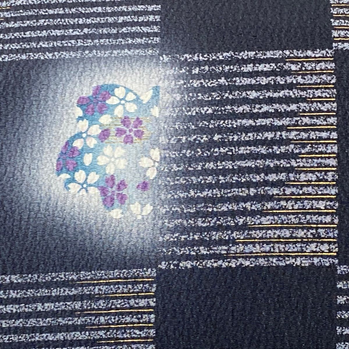 名古屋帯 秀品 変わり市松 桜 金彩 墨色 正絹