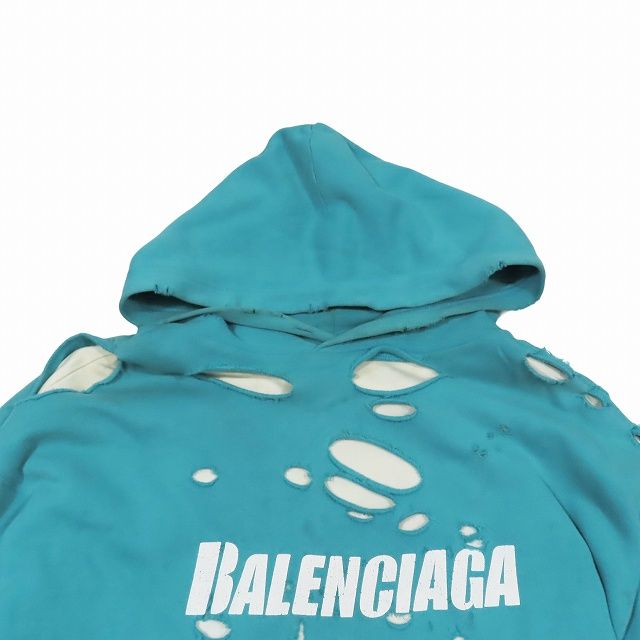 Balenciaga ダメージ加工 パーカー M ターコイズ　デストロイ Balenciaga ターコイズ ダメージ加工 デストロイパーカー
