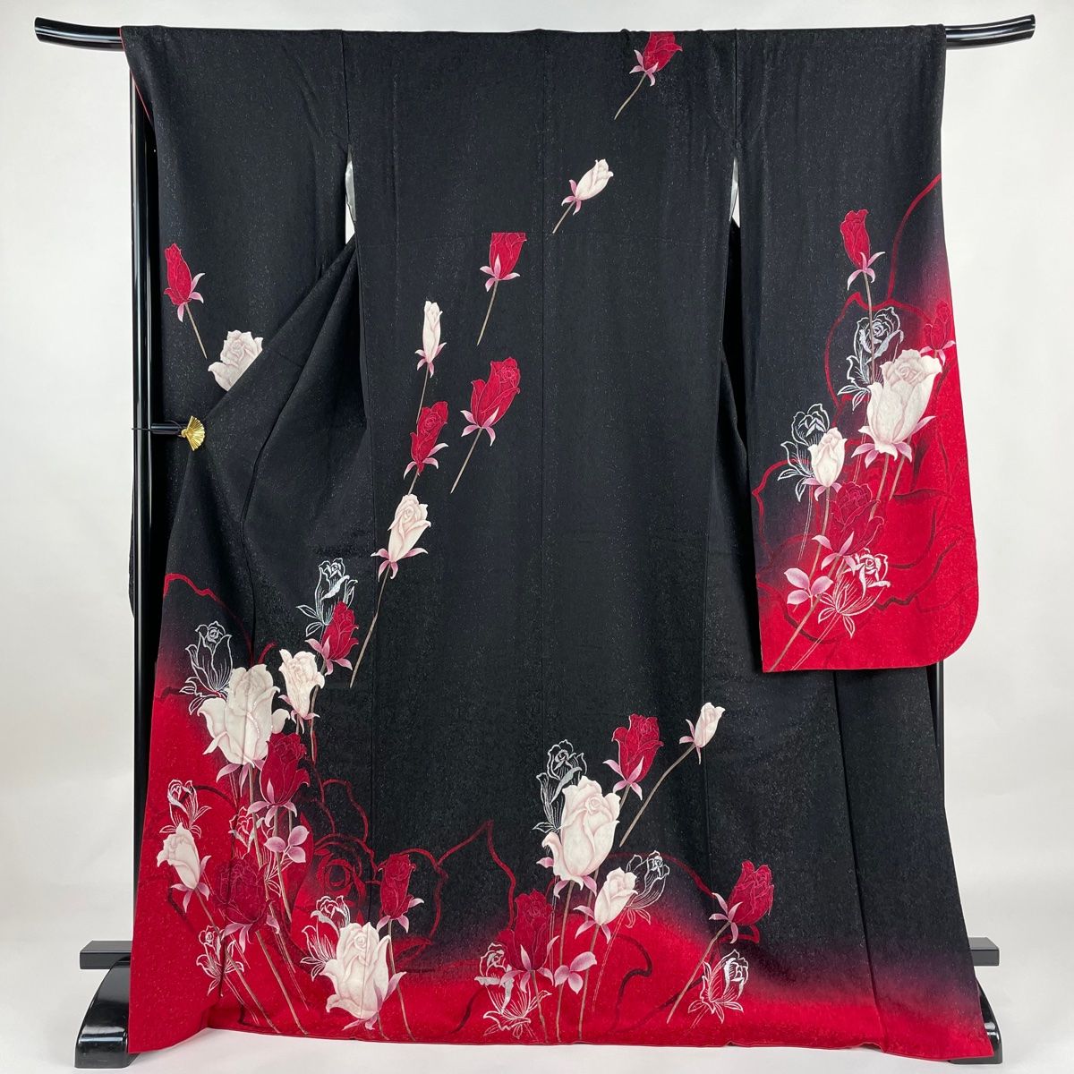 振袖 身丈171cm 裄丈70.5cm L 袷 薔薇 銀通し 箔 黒 正絹 美品 逸品  