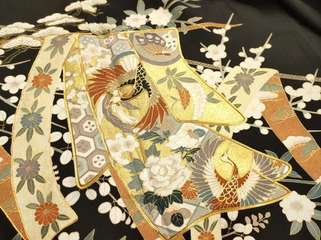 平和屋着物□豪華黒留袖 駒刺繍 だが袖比較枝花文 金彩