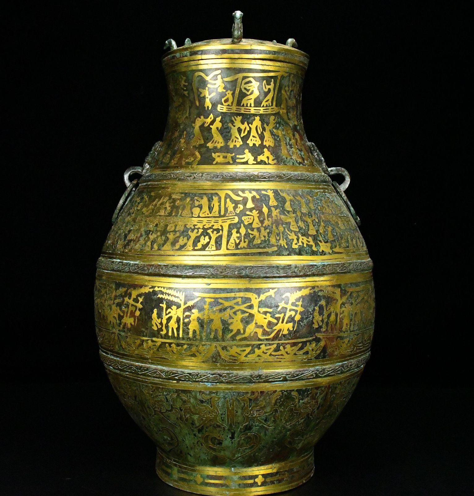 旧家蔵出し 戦 青銅器彫 青銅 錯金 狩獵圓瓶 食器 祭祀品 副葬品 供養品 古美術品 収集家