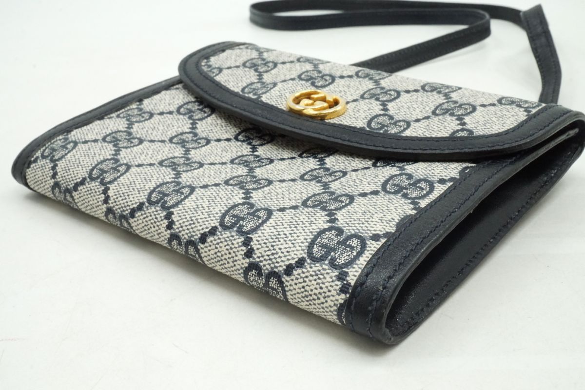 美品✨GUCCI ショルダーバッグ サコッシュ ggレザーPVC ネイビーグレー GUCCI オールドグッチ シェリーライン GG柄 レザー×PVC