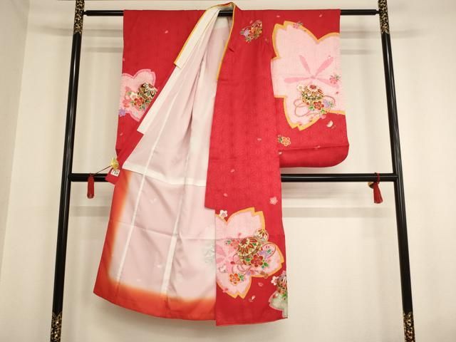 408ag83,小物類□七五三 七歳 着物&袋帯&長襦袢 金彩 毬 桜□美品 408ag83,小物類□七五三 七歳 着物&袋帯&長襦袢 金彩 毬 桜□美品