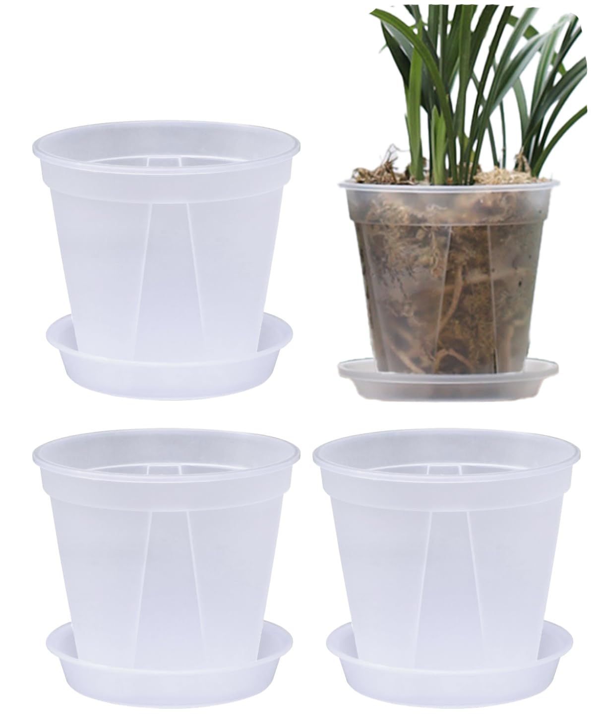 4号 S.fields.inc 植木鉢 透明 プラスチック 底皿付き 4個セット 観葉植物 オーキッドポット スリット鉢 (4号)