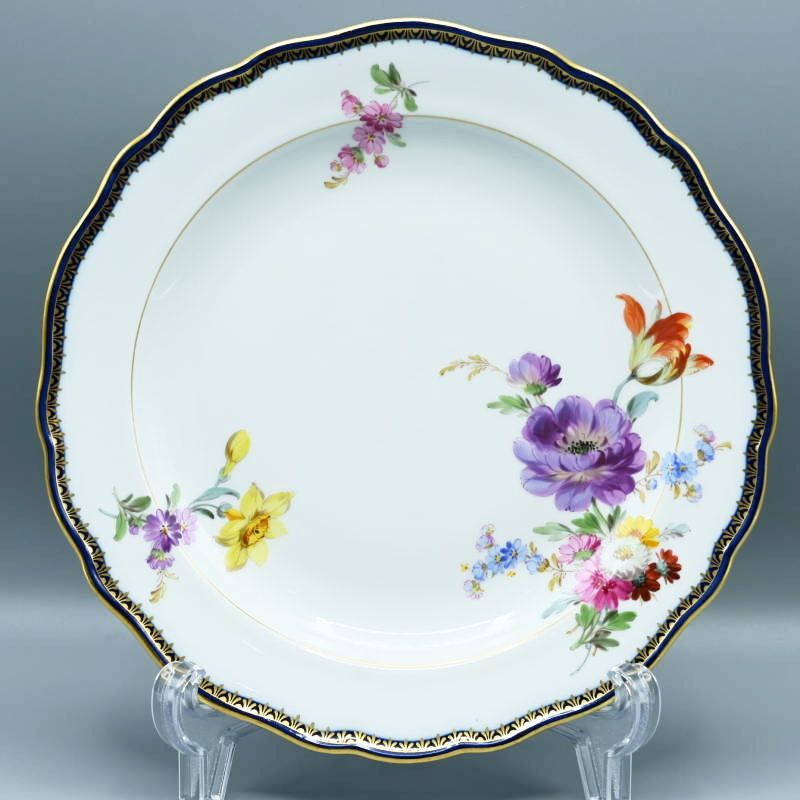 M02-t026 Meissen マイセン Aカンテ ベーシックフラワー 六つ花 アネモネ プレート 中皿 約21.5cm コバルト 金彩 一級品 M02-t026 Meissen マイセン Aカンテ ベーシックフラワー 六つ花