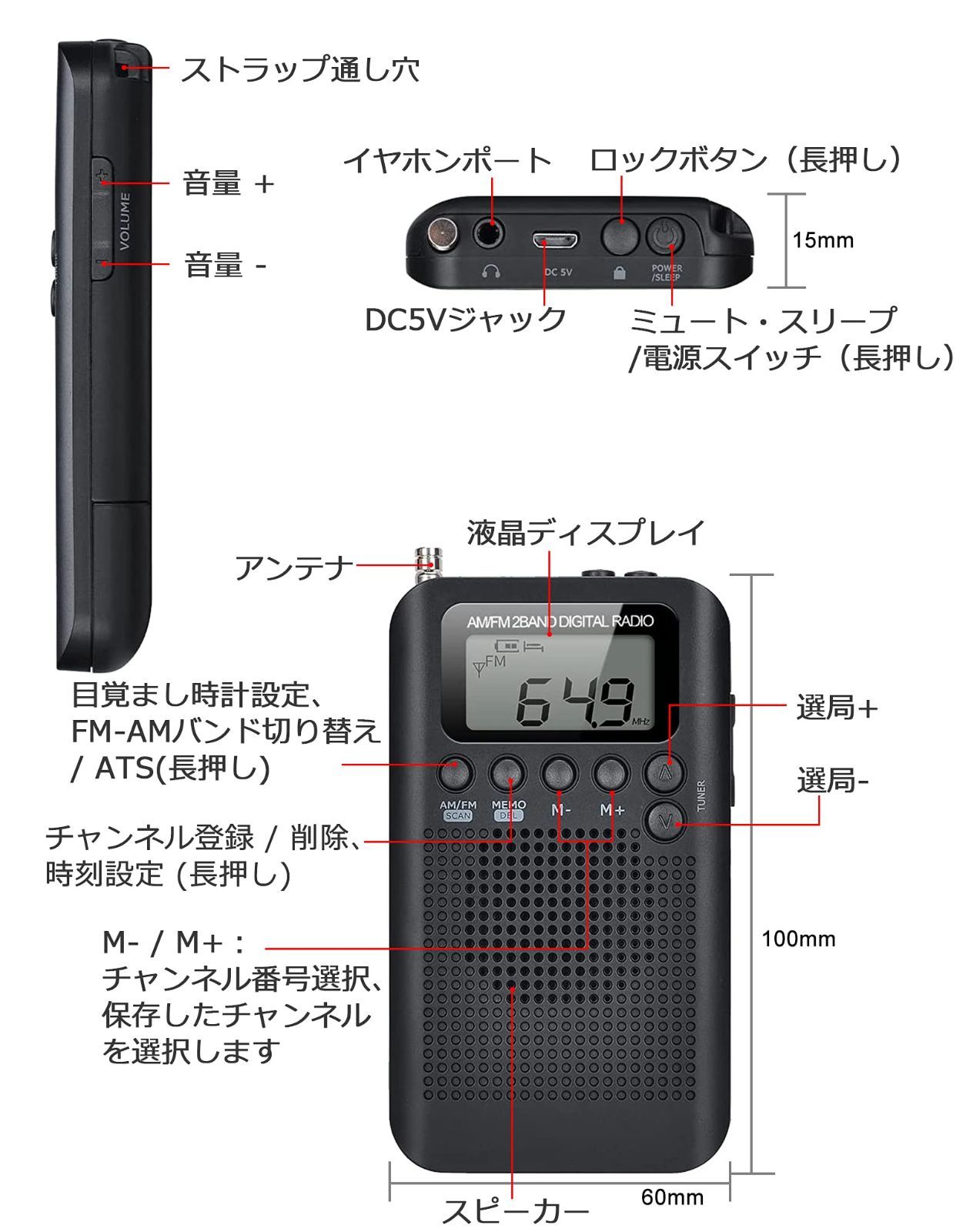 HanRongDa ポータブルラジオ 電池式 小型 ワイドFM対応 FM AM ステレオ