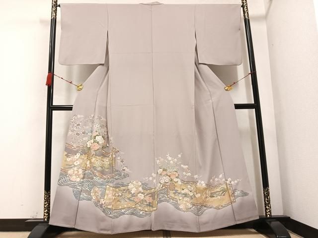平和屋着物●豪華色留袖 友禅 駒刺繍 花車文 暈し染め 金彩 正絹 AABB5103ph