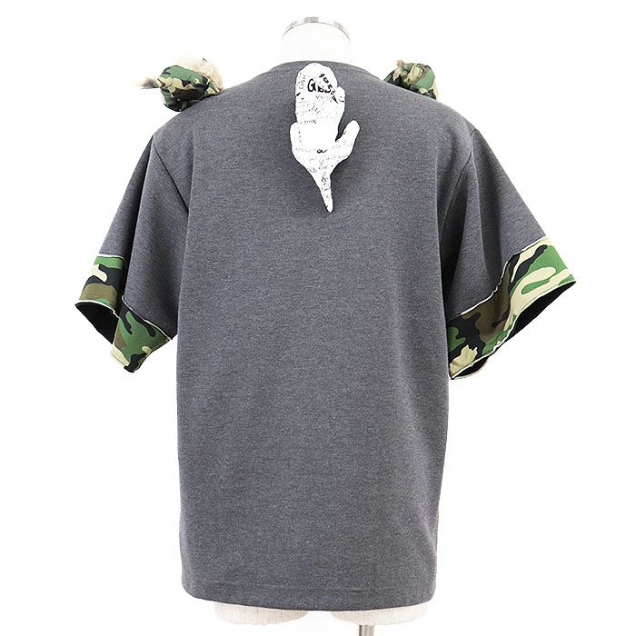  DOLCE-GABBANA ドルチェアンドガッバーナ 半袖Tシャツ ダンボールニット ジャージー DG ロゴ ハート パッチ カモフラージュ ワッペン アニマル 動物 ぬいぐるみ ドール 取外可 クルーネック 丸首 レディース S 灰色 イタリア製 アンサンブル トップス