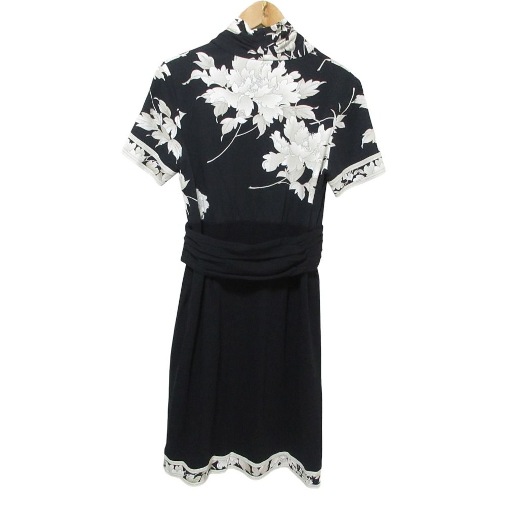 クリーニング済 LEONARD レオナール フラワープリント カシュクール ワンピース M ブラック レディース 古着