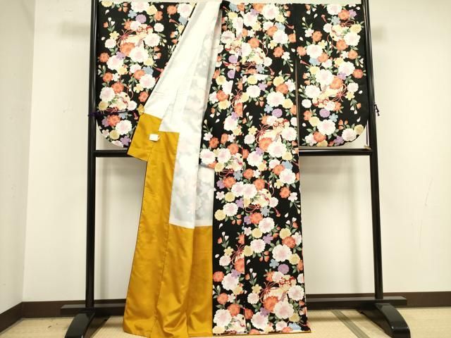 平和屋着物○小振袖 二尺袖 花鞠文 黒地 洗える着物 DAAY2476op - メルカリ