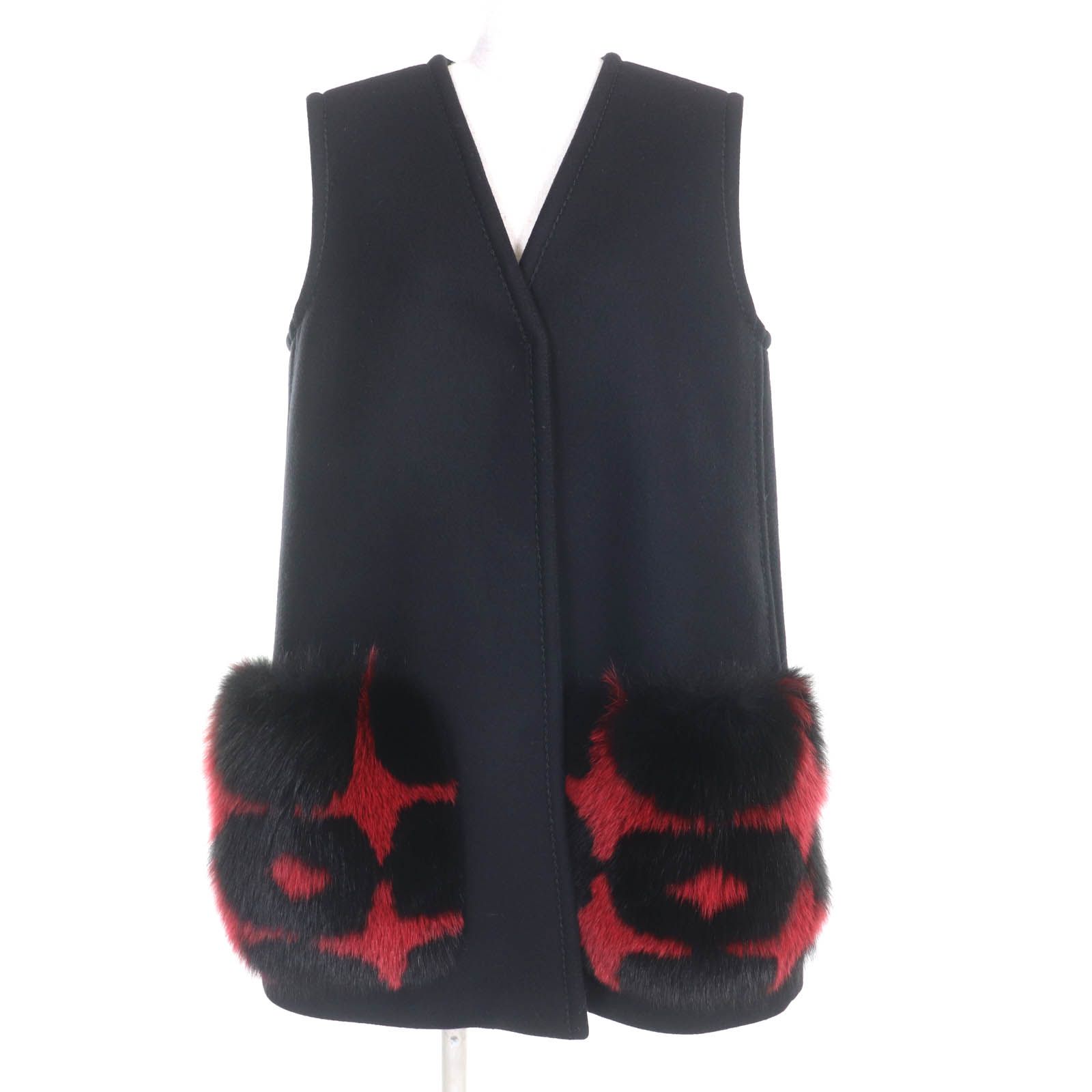 FENDI フェンディ FF8427 カシミヤ混 FOXファー使い 比翼仕立て ロング丈 ジレ ベスト ブラック レッド 40 イタリア製 正規品 レディース