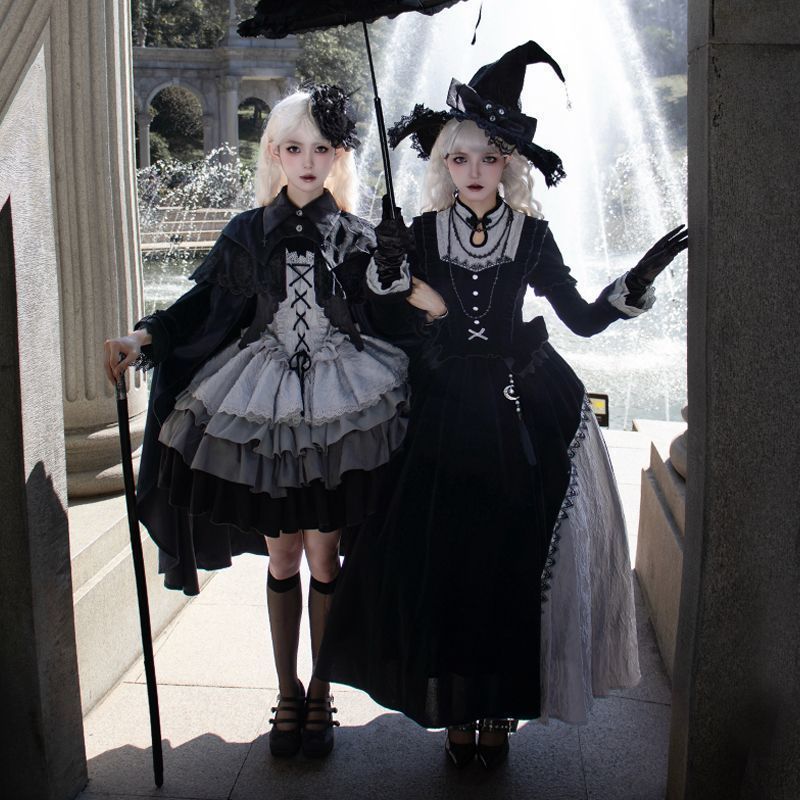 オリジナルデザイン 中華風女巫 ハロウィンロリータ 長袖ロングワンピース 秋冬仕様 2色展開 小物付き 豪華ハロウィンコスチューム 生地 仮装イベント 舞台衣装 推し活 撮影会 プレゼントにも最適