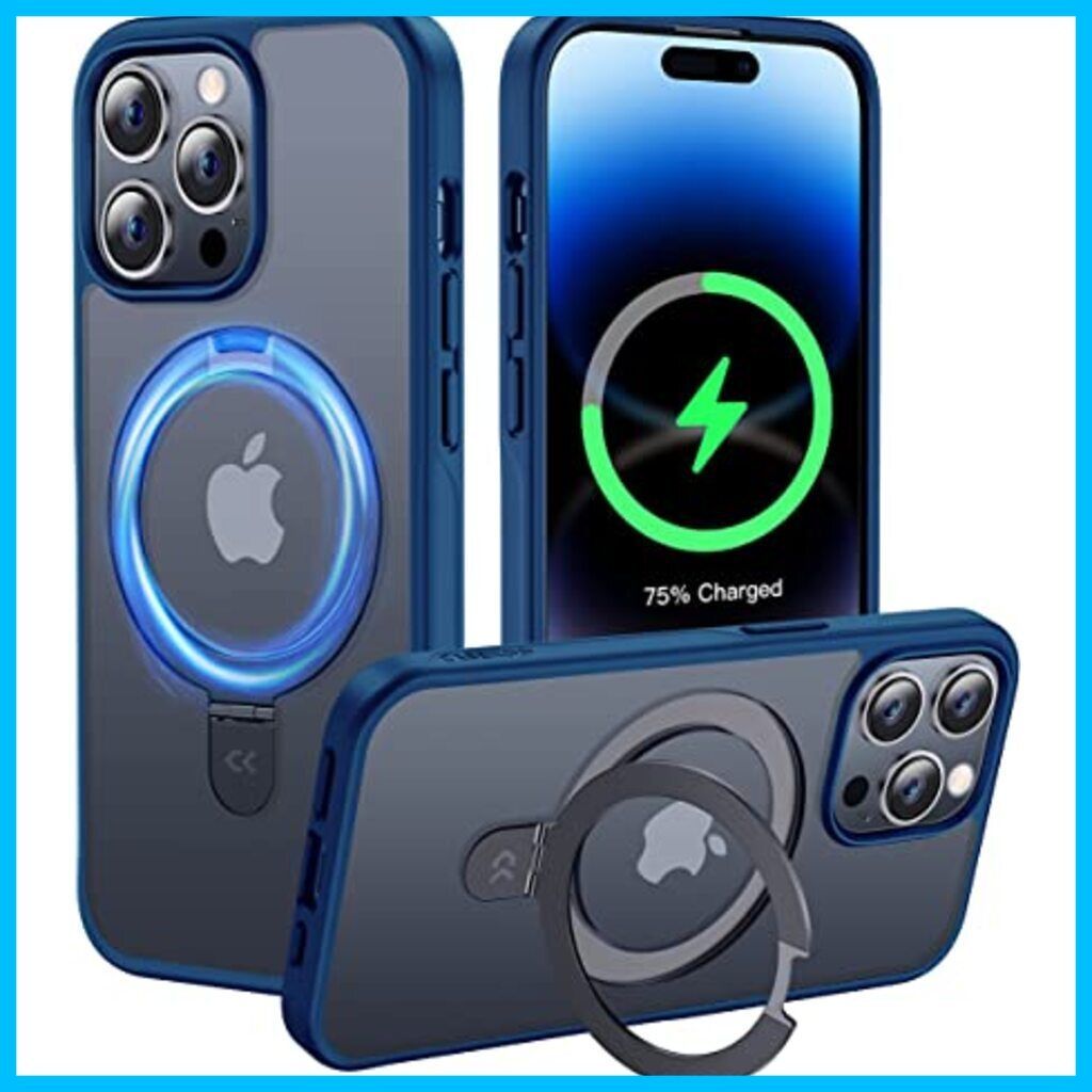 スタンド機能付き Magsafe対応 iphone14pro 用 ケース 隠し収納式 耐衝撃 スマホケース 薄形半透明 マット仕上げ 指紋防止 ストラップホール付き ワイヤレス充電対応 202 色: ブルー サイズ: iPhone 14 Pro 用 Supreme Porter スマホケース ポーチ デジカメ ケース