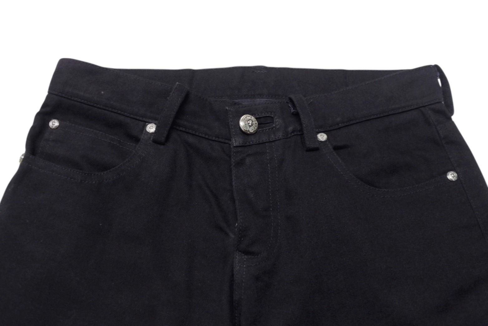 極美品 CHROME HEARTS クロムハーツ フレアニーステッチデニムパンツ 255536 コットン シルバー925 サイズ26 ブラック 中古 4b004067