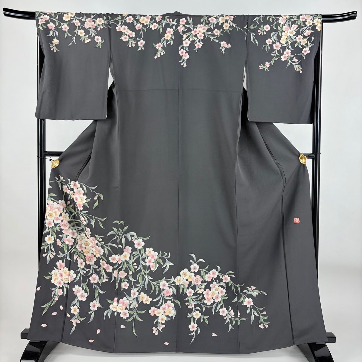 訪問着 身丈164.5cm 裄丈69cm L 袷 花井幸子 落款 桜 刺繍 金糸 灰緑 正絹 名品