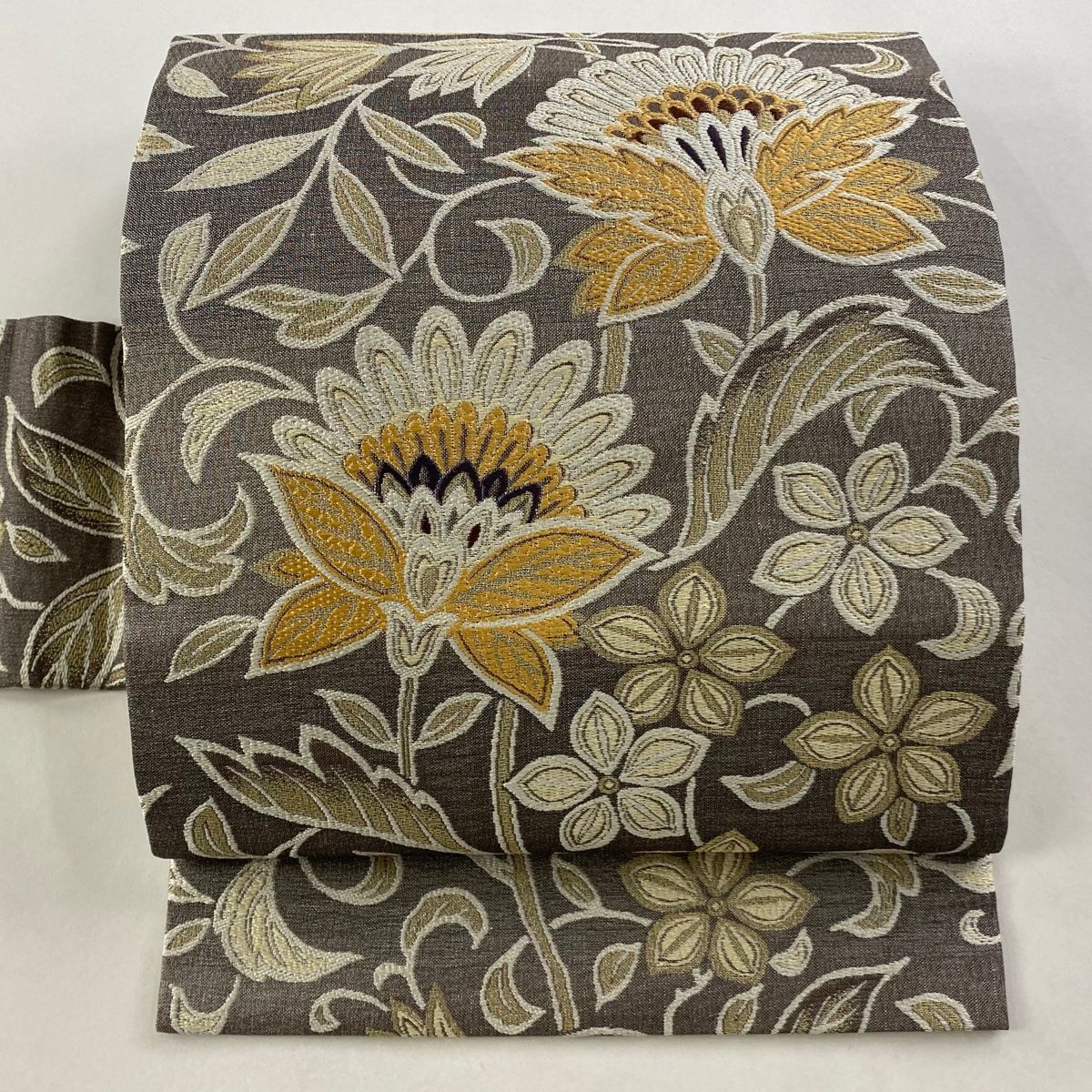 名古屋帯 花唐草 刺繍 金糸 黒灰 正絹